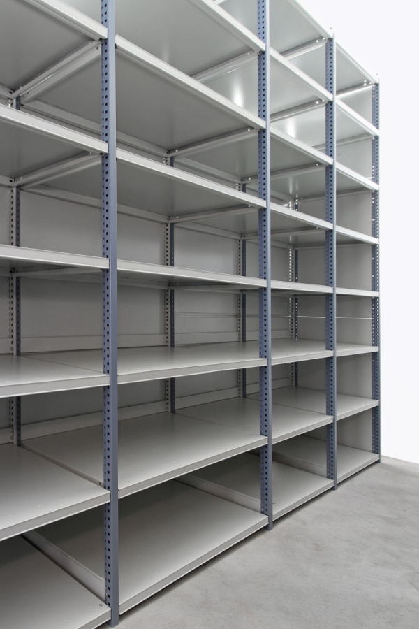 Empty metal shelving that can be used to safely store canned tomatoes. 
