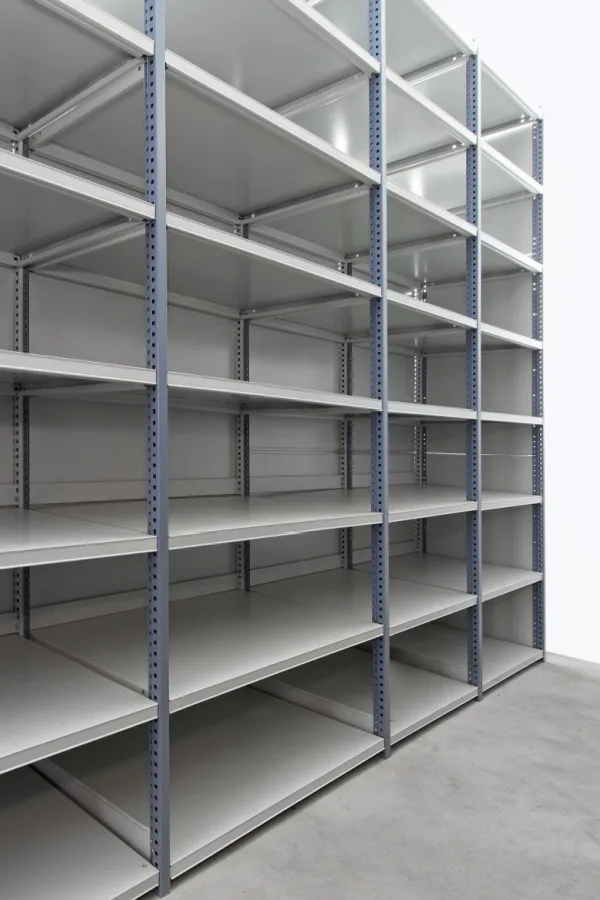 Empty metal shelving that can be used to safely store canned tomatoes. 
