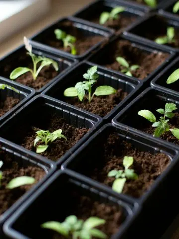 Tomato seedlings growing indoors in grow cells