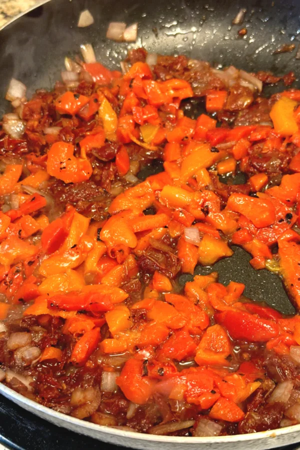 roasted red peppers in skillet