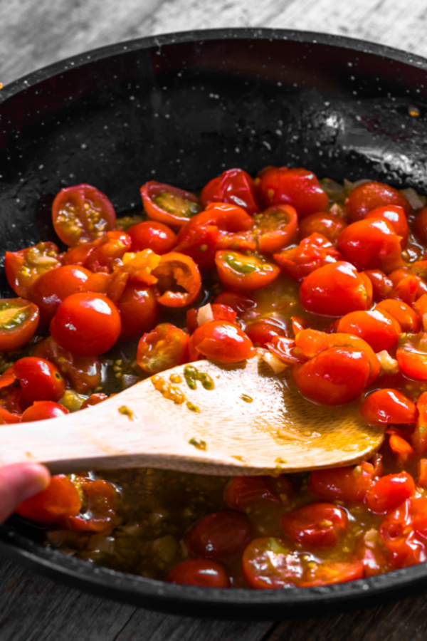 cherry tomatoes in a skillet 
