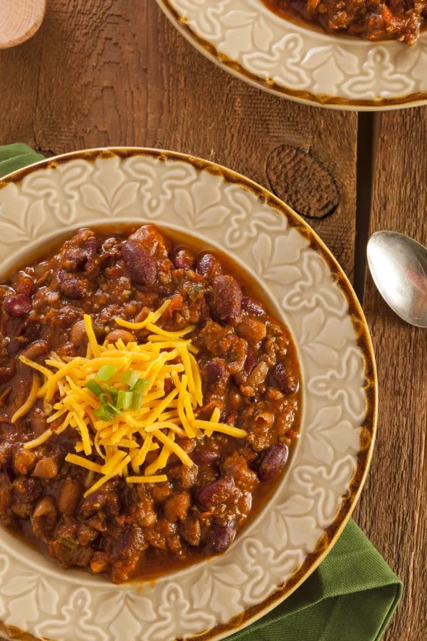 bowl of crock pot chili made with fresh tomatoes